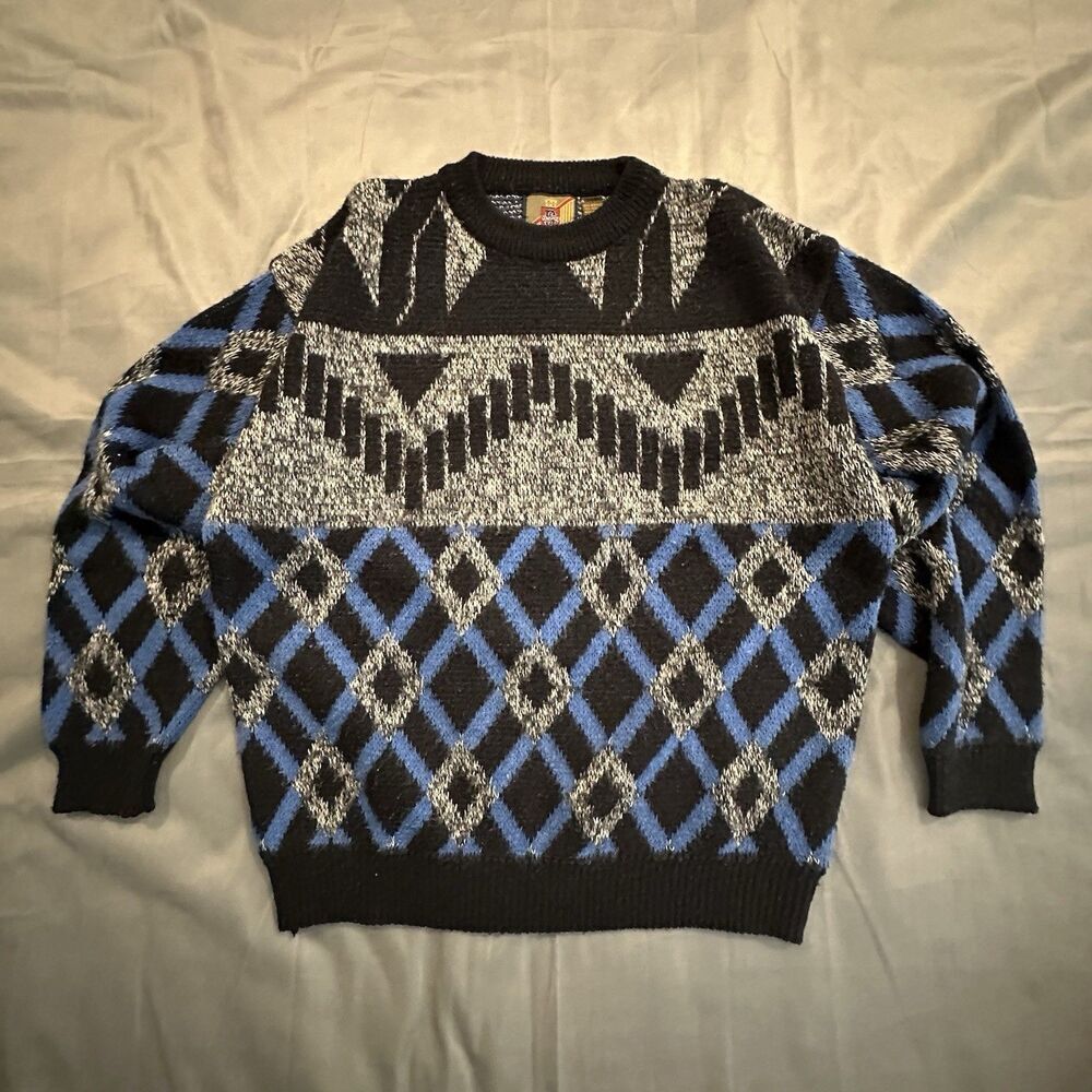 Vintage 80s Saturdays Sweater Mens Large Geometric Retro Black Charlie Brown